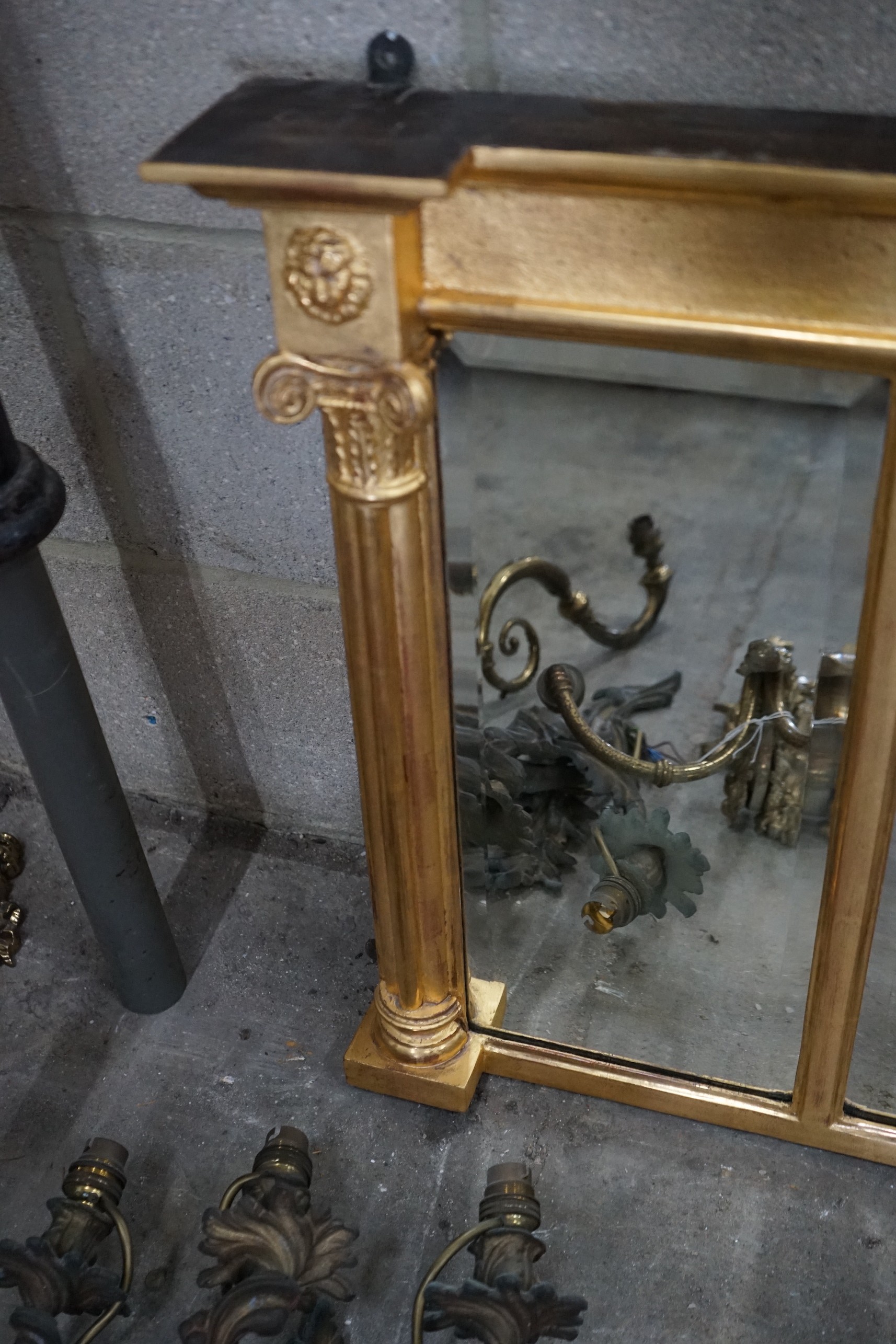 A Regency style gilt-framed triple plate overmantel mirror, width 132cm, height 57cm